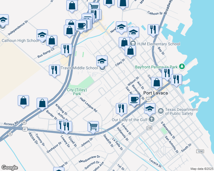 map of restaurants, bars, coffee shops, grocery stores, and more near 13A North Trinity Street in Port Lavaca