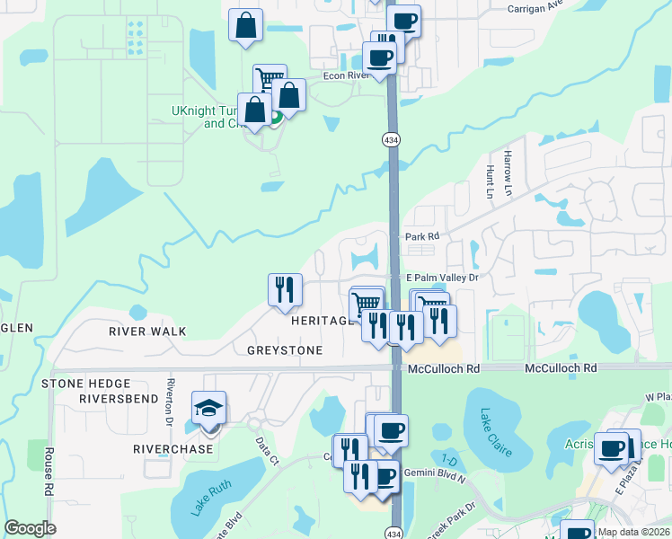 map of restaurants, bars, coffee shops, grocery stores, and more near 145 Reserve Circle in Oviedo