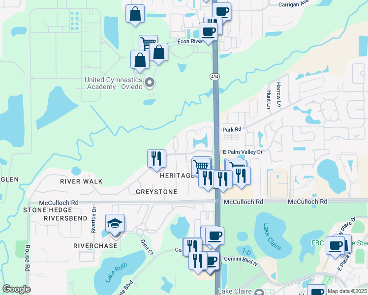 map of restaurants, bars, coffee shops, grocery stores, and more near 160 Reserve Circle in Oviedo