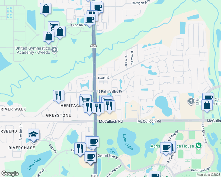 map of restaurants, bars, coffee shops, grocery stores, and more near 4177 Shadow Creek Circle in Oviedo