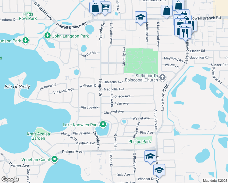 map of restaurants, bars, coffee shops, grocery stores, and more near 1414 Oneco Avenue in Winter Park
