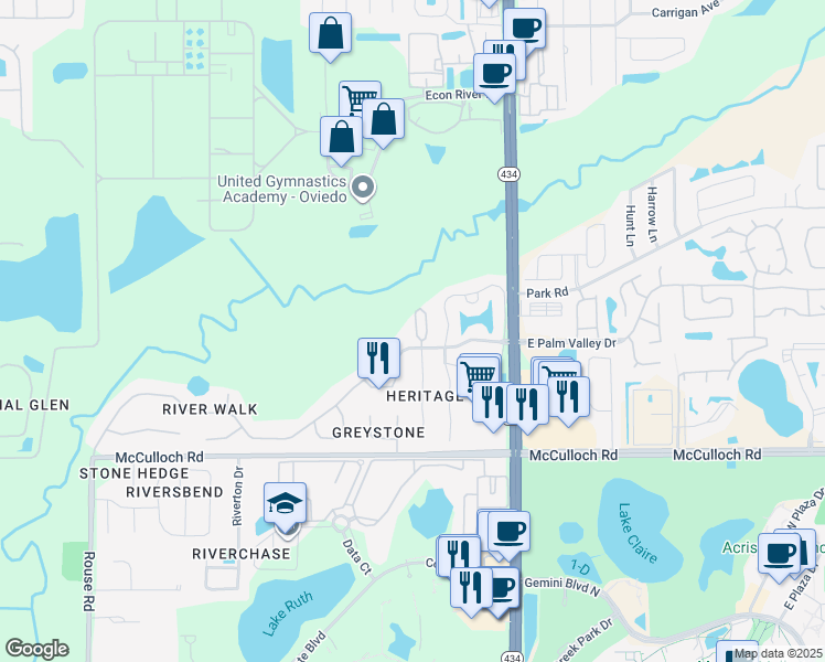 map of restaurants, bars, coffee shops, grocery stores, and more near 3645 Oakdale Circle in Oviedo