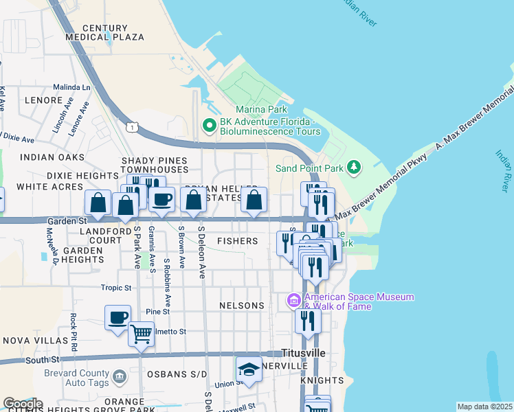 map of restaurants, bars, coffee shops, grocery stores, and more near 500 Garden Street in Titusville