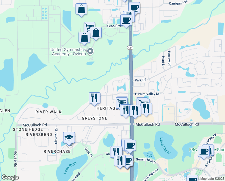 map of restaurants, bars, coffee shops, grocery stores, and more near 160 Reserve Circle in Oviedo