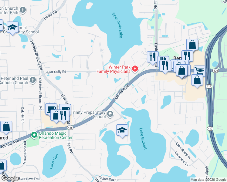 map of restaurants, bars, coffee shops, grocery stores, and more near 5599 Pats Point in Winter Park