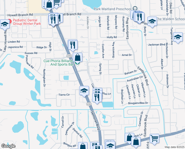 map of restaurants, bars, coffee shops, grocery stores, and more near 1881 Casselwood Street in Winter Park