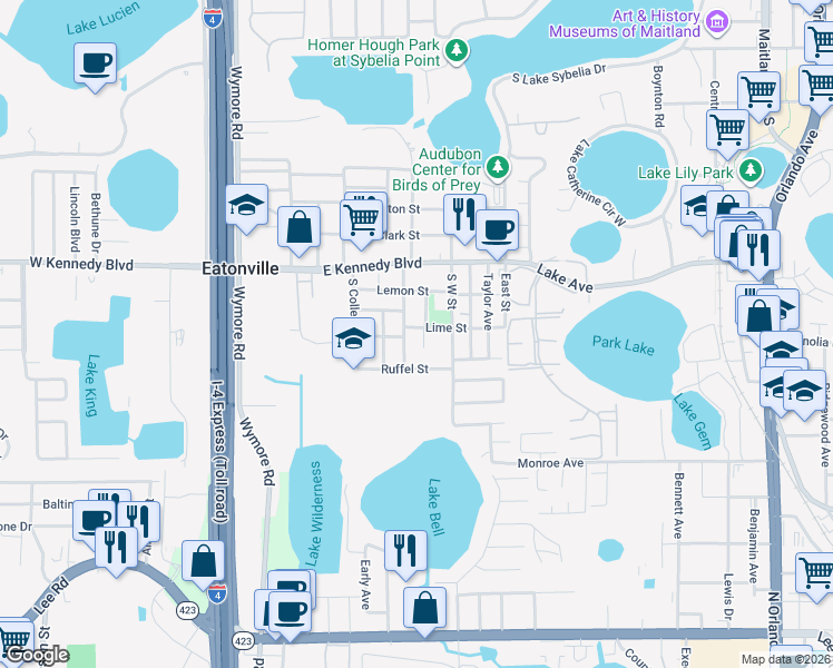 map of restaurants, bars, coffee shops, grocery stores, and more near 155 South Calhoun Avenue in Eatonville
