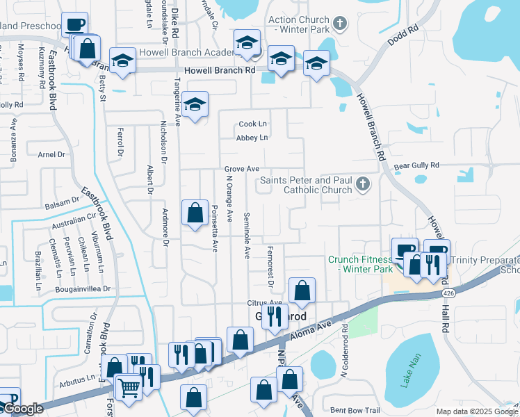 map of restaurants, bars, coffee shops, grocery stores, and more near 5230 North Indiana Avenue in Winter Park