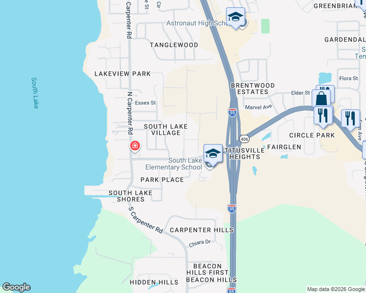 map of restaurants, bars, coffee shops, grocery stores, and more near 4100 Garden Street in Titusville