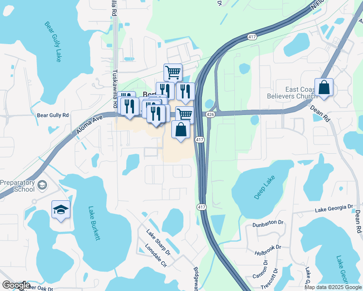map of restaurants, bars, coffee shops, grocery stores, and more near 5521 Deep Lake Road in Oviedo