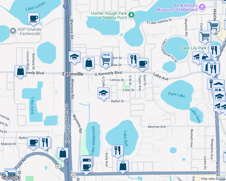map of restaurants, bars, coffee shops, grocery stores, and more near 347 Lime Street in Eatonville