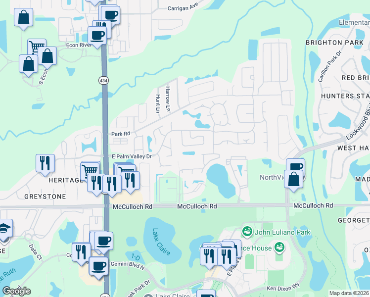 map of restaurants, bars, coffee shops, grocery stores, and more near 3995 Sabal Dr in Oviedo