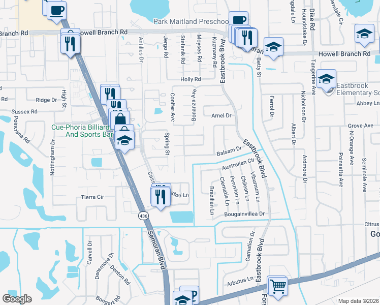 map of restaurants, bars, coffee shops, grocery stores, and more near 3315 Balsam Drive in Winter Park