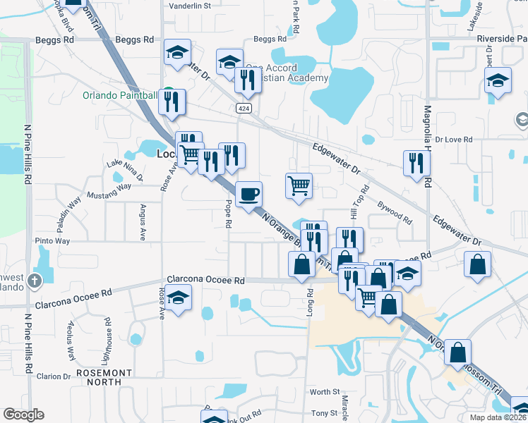 map of restaurants, bars, coffee shops, grocery stores, and more near 6607 North Orange Blossom Trail in Orlando