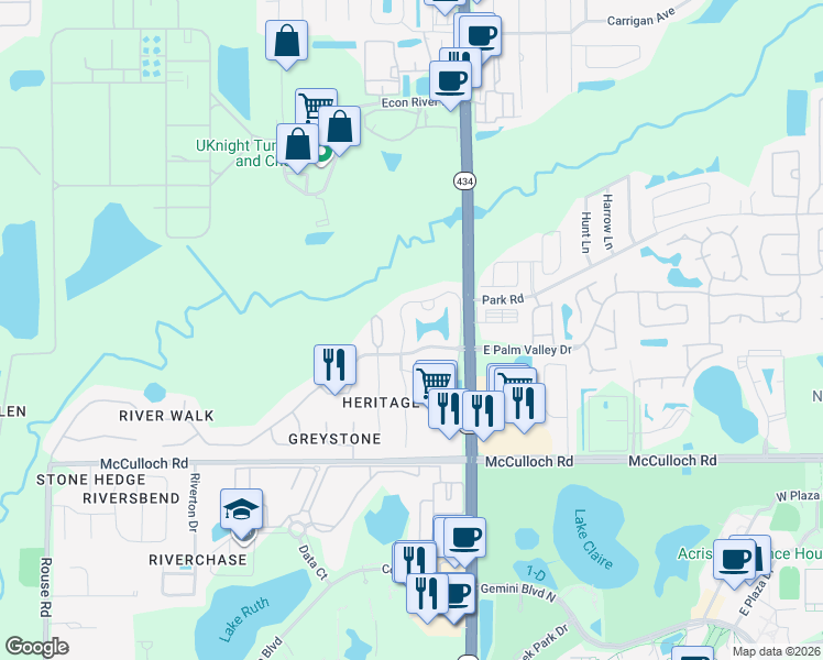 map of restaurants, bars, coffee shops, grocery stores, and more near 132 Reserve Circle in Oviedo