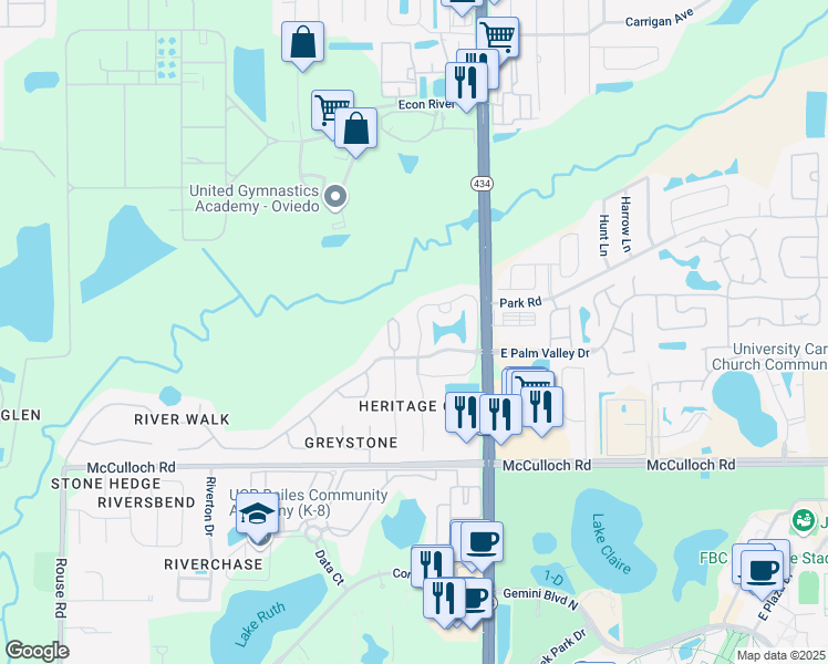 map of restaurants, bars, coffee shops, grocery stores, and more near 132 Reserve Circle in Oviedo