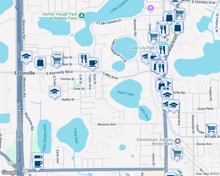 map of restaurants, bars, coffee shops, grocery stores, and more near 940 Park Lake Circle in Maitland