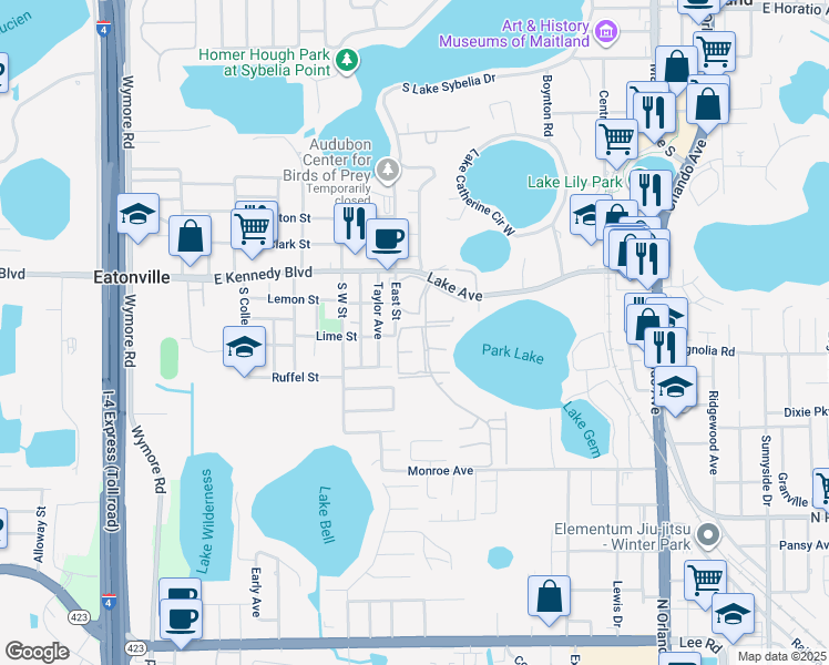 map of restaurants, bars, coffee shops, grocery stores, and more near 894 Park Lake Circle in Maitland