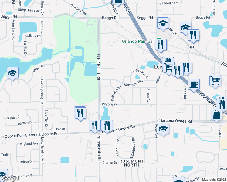 map of restaurants, bars, coffee shops, grocery stores, and more near 5416 Hondo Way in Orlando