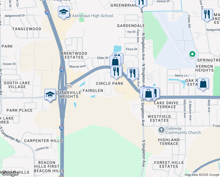 map of restaurants, bars, coffee shops, grocery stores, and more near 100 East Towne Place in Titusville