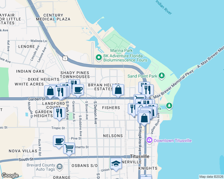 map of restaurants, bars, coffee shops, grocery stores, and more near 641 Titus Street in Titusville