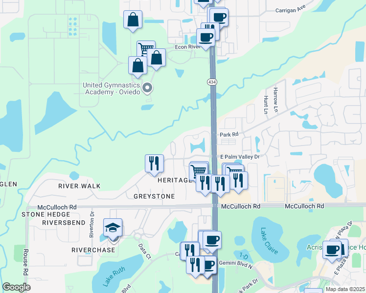 map of restaurants, bars, coffee shops, grocery stores, and more near 132 Reserve Circle in Oviedo