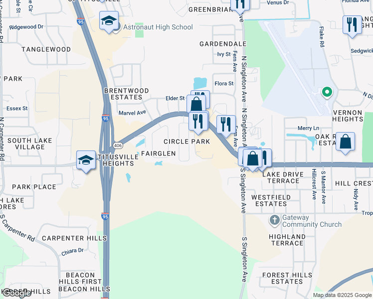 map of restaurants, bars, coffee shops, grocery stores, and more near 62 East Towne Place in Titusville