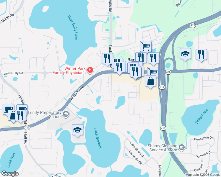 map of restaurants, bars, coffee shops, grocery stores, and more near 2816 Cliffe Court in Oviedo