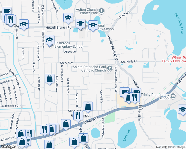 map of restaurants, bars, coffee shops, grocery stores, and more near 5328 Halyard Court in Winter Park