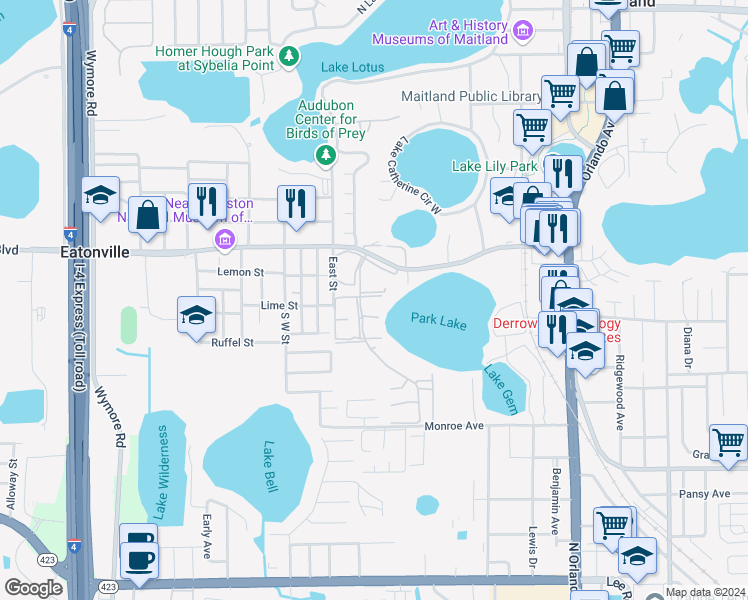map of restaurants, bars, coffee shops, grocery stores, and more near 940 Park Lake Circle in Maitland