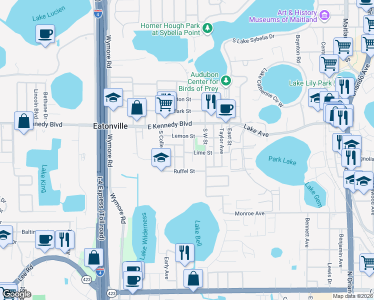 map of restaurants, bars, coffee shops, grocery stores, and more near 43 South Calhoun Avenue in Eatonville