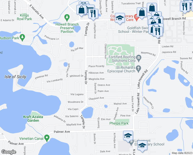 map of restaurants, bars, coffee shops, grocery stores, and more near 1411 Magnolia Avenue in Winter Park