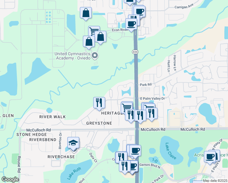 map of restaurants, bars, coffee shops, grocery stores, and more near 3681 Oakdale Circle in Oviedo