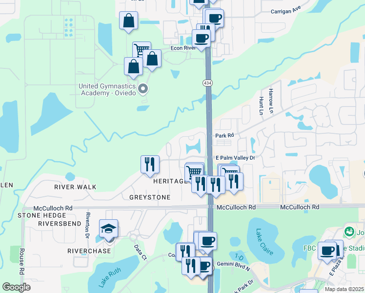 map of restaurants, bars, coffee shops, grocery stores, and more near 132 Reserve Circle in Oviedo