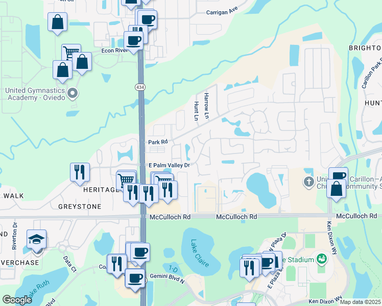 map of restaurants, bars, coffee shops, grocery stores, and more near 3829 Shaftbury Place in Oviedo