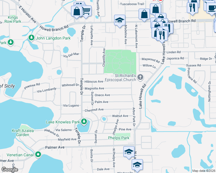 map of restaurants, bars, coffee shops, grocery stores, and more near 1616 Hibiscus Avenue in Winter Park