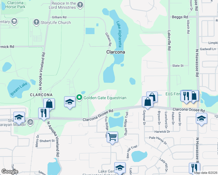 map of restaurants, bars, coffee shops, grocery stores, and more near 7711 Clarcona Ocoee Road in Orlando