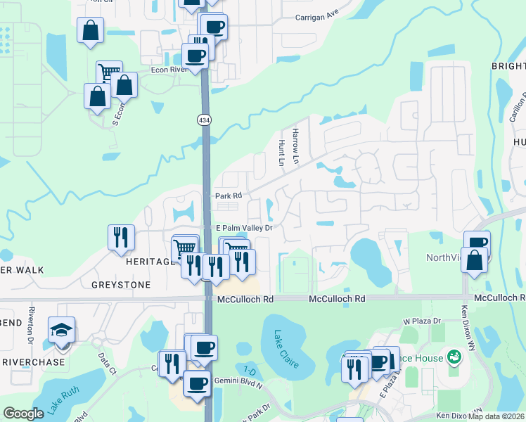 map of restaurants, bars, coffee shops, grocery stores, and more near 3829 Shaftbury Place in Oviedo