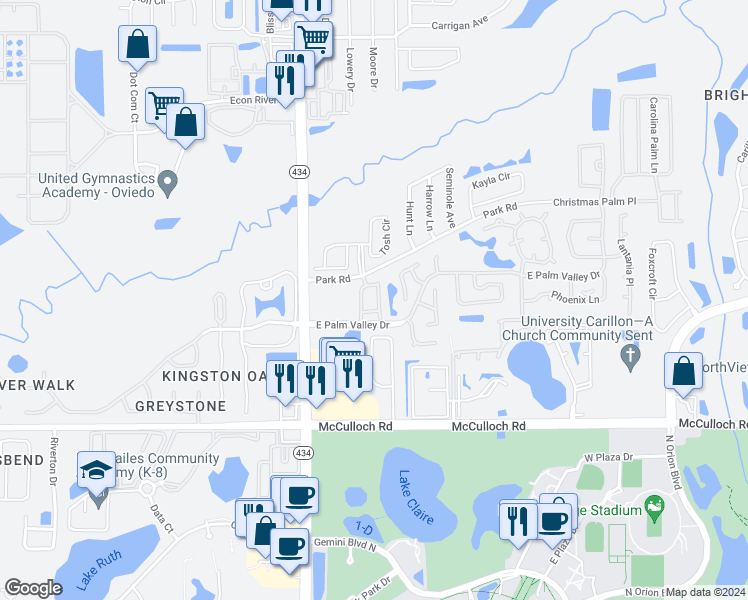 map of restaurants, bars, coffee shops, grocery stores, and more near 3854 Shaftbury Place in Oviedo