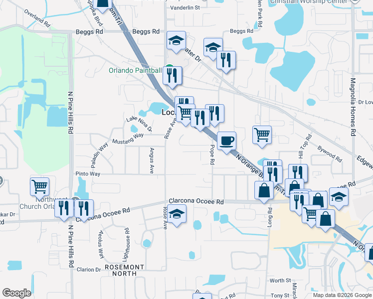map of restaurants, bars, coffee shops, grocery stores, and more near 4770 Drummond Lane in Orlando