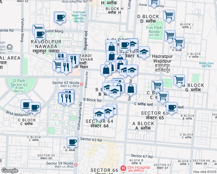 map of restaurants, bars, coffee shops, grocery stores, and more near B Block Road in Noida
