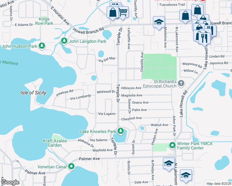 map of restaurants, bars, coffee shops, grocery stores, and more near 2050 Temple Drive in Winter Park
