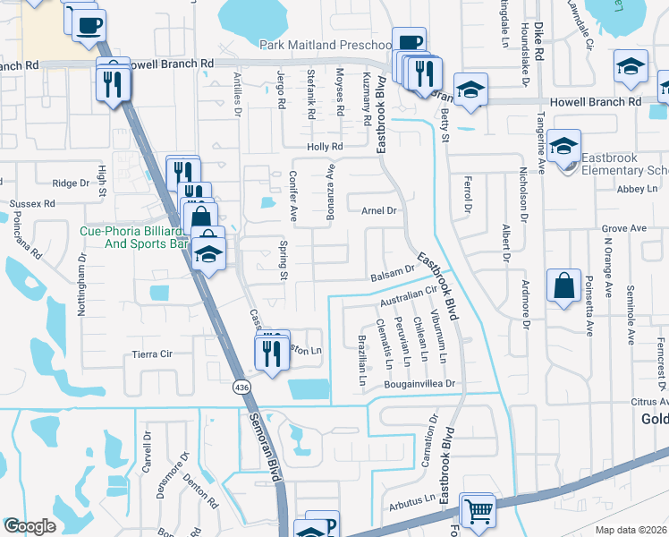 map of restaurants, bars, coffee shops, grocery stores, and more near 3330 Coleus Court in Winter Park