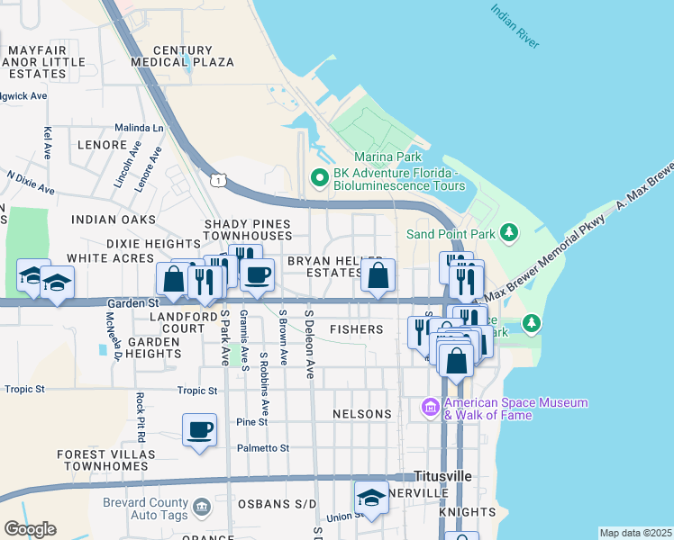 map of restaurants, bars, coffee shops, grocery stores, and more near 115 Garnet Avenue in Titusville