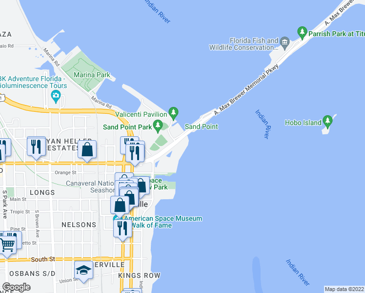 map of restaurants, bars, coffee shops, grocery stores, and more near 19456 A. Max Brewer Memorial Parkway in Titusville