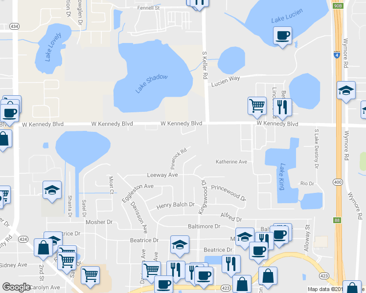 map of restaurants, bars, coffee shops, grocery stores, and more near 5648 Pinerock Road in Orlando
