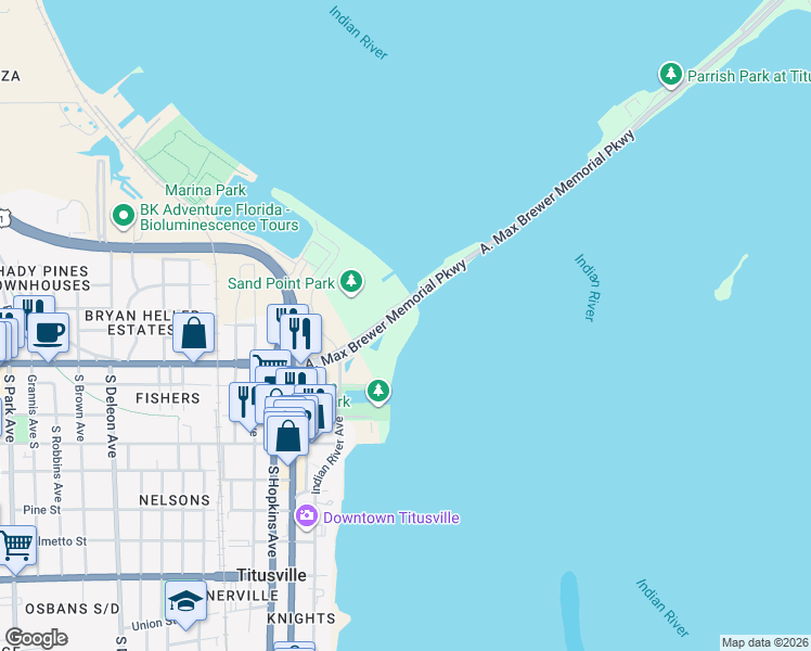 map of restaurants, bars, coffee shops, grocery stores, and more near 19456 A. Max Brewer Memorial Parkway in Titusville