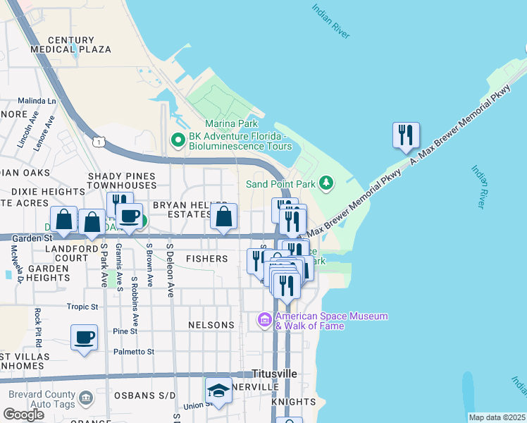 map of restaurants, bars, coffee shops, grocery stores, and more near 401 Coleman Street in Titusville