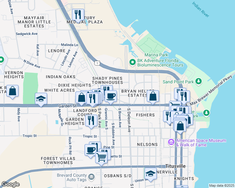 map of restaurants, bars, coffee shops, grocery stores, and more near 1110 Norwood Avenue in Titusville