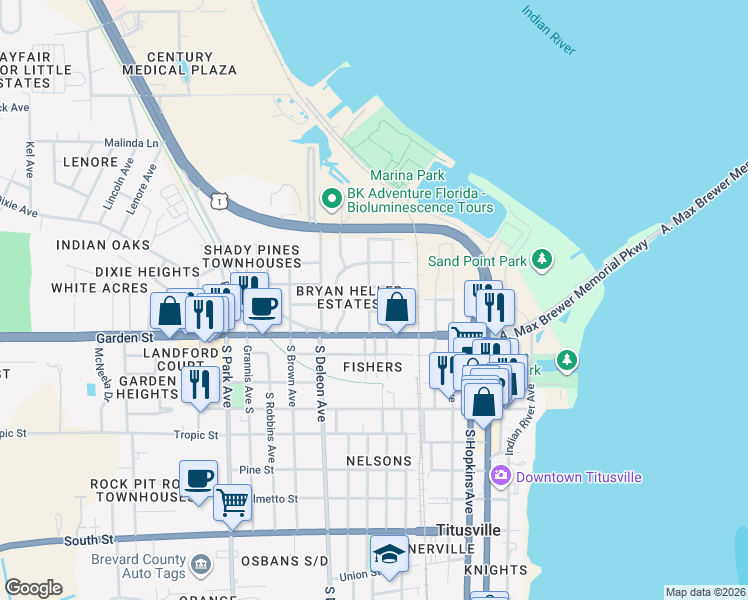 map of restaurants, bars, coffee shops, grocery stores, and more near 641 Titus Street in Titusville